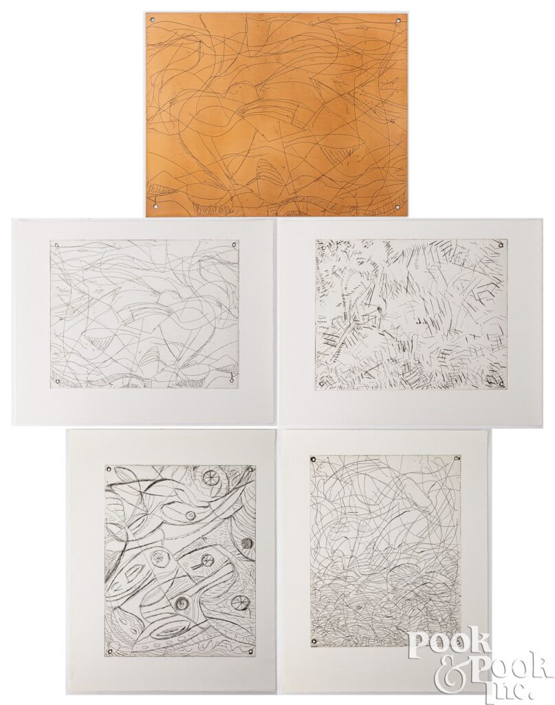 a copper etching plate withe holes drilled into the four corners and four etchings printed with this and three other similarly canceled printing plates, all by mark tobey, all donated to albright college, who was like, sure, we'll take whatever you're not throwing out! and now it's for sale at pook & pook, whose watermark is in the corner
