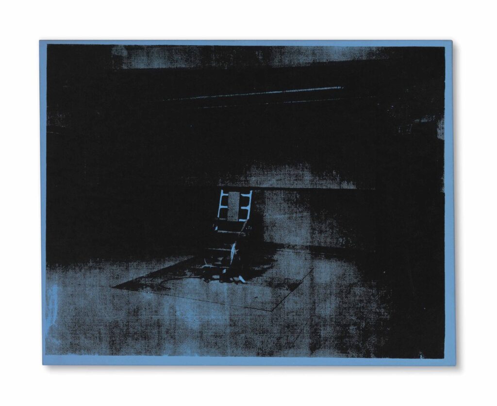 a warhol painting of an electric chair is black silkscreen ink on ultramarine blue ground, with a lot of black. sold by the twombly foundation in 2014