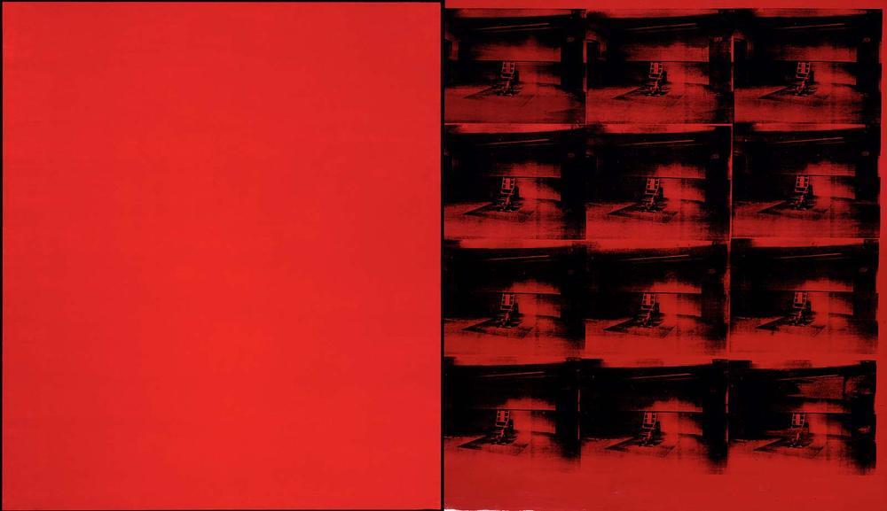 warhol's red disaster diptych is a red monochrome panel on the left and red panel printed with black electric chairs on the right. the reds don't quite match, whether that's the fact they were painted 22 years apart, i don't know. via the mfa boston