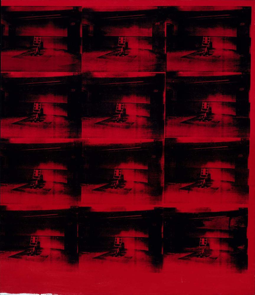 a vertically oriented dark red warhol with a grid of twelve electric chairs screen printed in black, this is the 1963 half of what became a diptych that warhol sold to the mfa boston after he added an identically sized red monochrome panel to it. absolute boondoggle behavior.