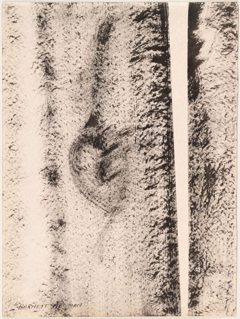 a blank ink abstract drawing on paper by barnett newman is smudgy, barely brushy, like it was rubbed or tapped on, with vague vertical structures like cloudy stripes, except for an empty zip, a strip that has been inked more fully when the center of it was covered, and then the cover was removed, revealing the blank paper as the most prominent feature. collection moma