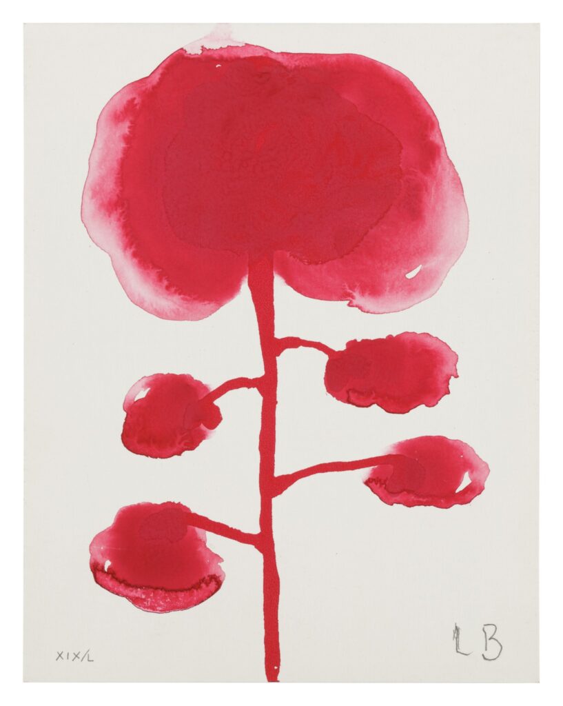 a christmas card from louise bourgeois is a print of a red flower with one big watery blossom on top and four little blossoms on the side of a central stem, sold at sothebys in 2020