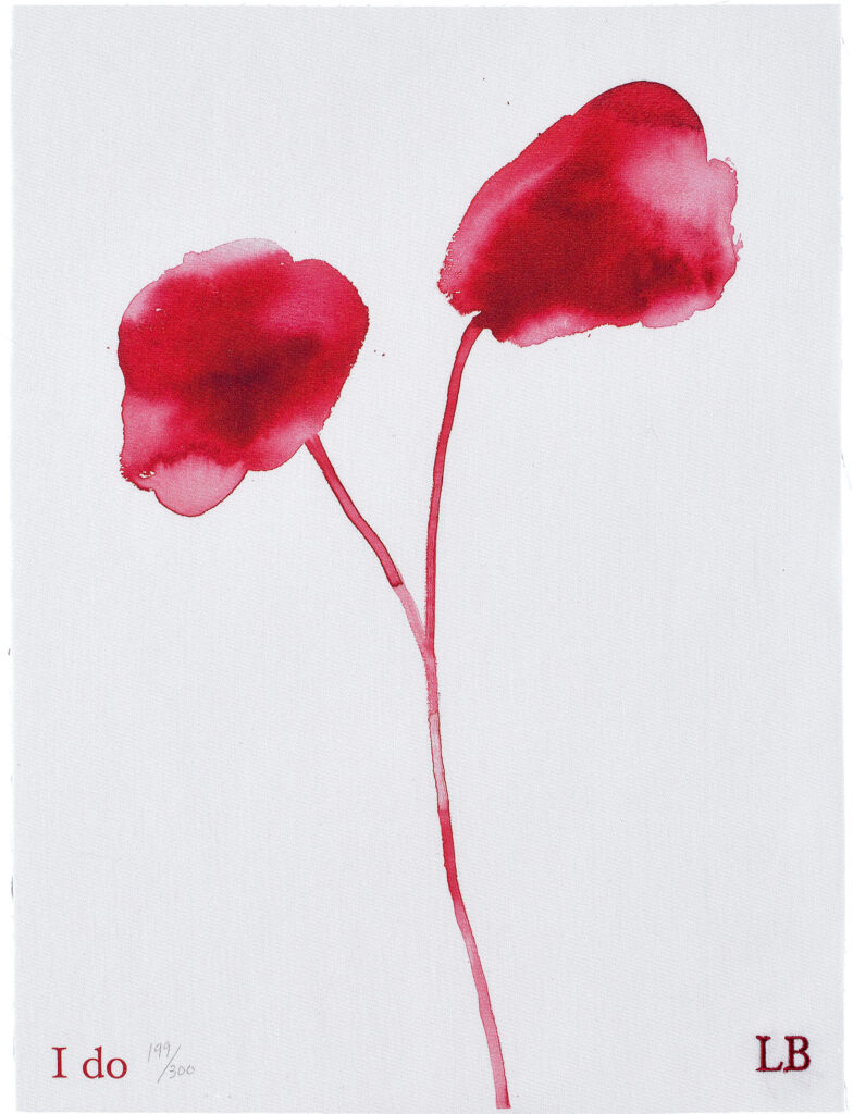 a louise bourgeois print on fabric of two red watery flowers emerging from a single forked stem, with LB embroidered in the lower right corner, and the title, I do, and edition number, 199/300 in the lower left. via phillips I think