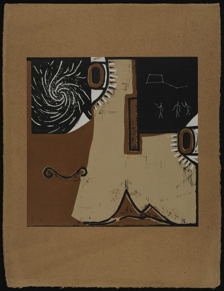 a brown and black jasper johns print printed on brown paper shows a photo of a galaxy, a scene of stick figures under the big dipper, and disembodied eyes lips, etc. from a bruno bettelheim child development diagram, one of several similar prints made around 2016, all at the walker art center