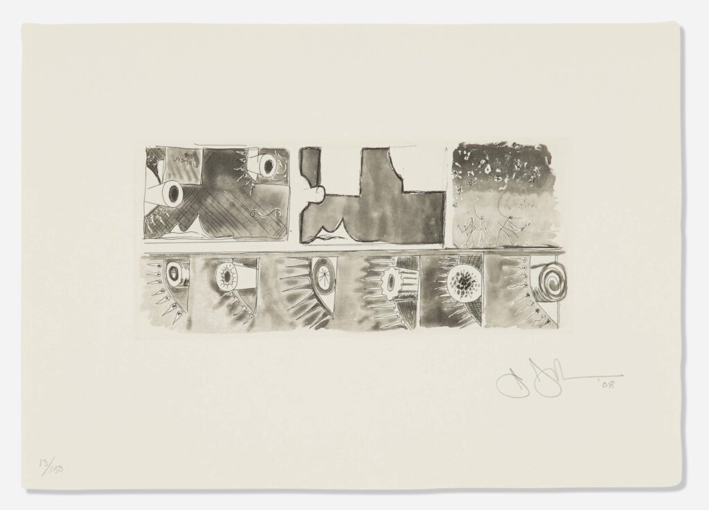 a jasper johns etching has two horizontal rows of squarish images, like a comic strip, in gradations of grey. most of the panels have an element that looks like an eye or a sun, in space or in a larger circle. the upper right panel has the three stick figures johns began using as an occasional motif in the 1980s, but especially after 2000.