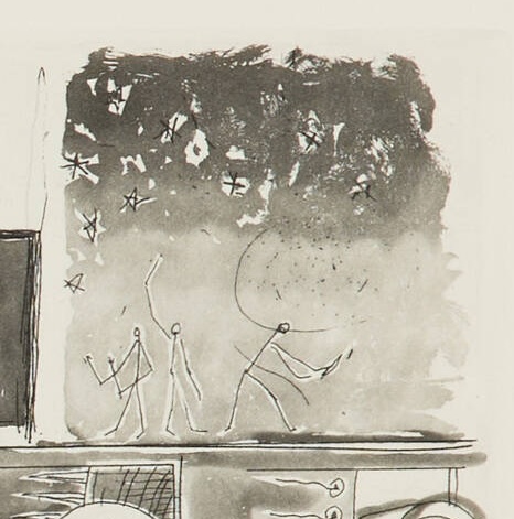 a detail of jasper johns's 2008 print for obama comprises the upper right panel where three barely drawn stick figures are in motion against a gradient sky sprinkled with stars. the stars and guys are drawn in line,and the sky is brushed in around them all. feels kind of quick, looks kind of provisional