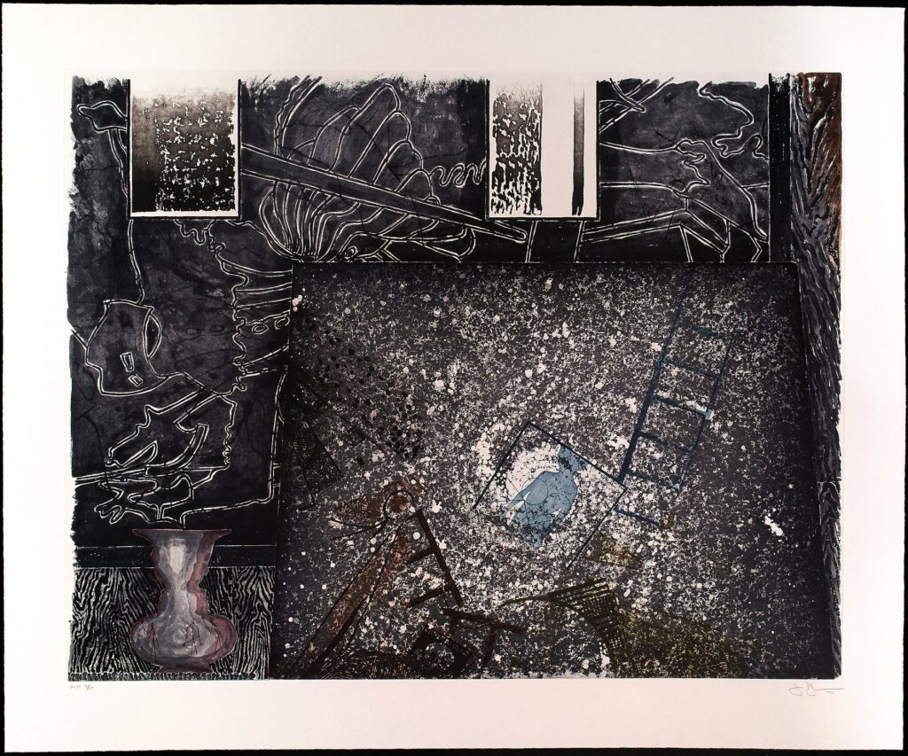 a mostly black on white jasper johns print is a dense composition of recognizable elements from his work in 1992 and before: trompe l'oeil paper prints of barnett newman etchings and a large photo of a spiral galaxy sit on top of an outline traced from the isenheim altarpiece, recognizable as something figural, or copied, but hard to discern. in the lower left corner is his optical illusion vase made from two profiles of, presumably, himself. on top of the galaxy are printed ladder fragments, a silhouette of a small child, the latter in blue, and inside [sic] the vase, three stick figures with brushes are printed in red against the grey gradient interior, hard to pick out. these elements all match up to etching plates from the seasons, a print johns made two years earlier, in 1989-90, so this is a crossover combo of several sets of elemtns, or series of images. a gift of the artist to the walker art center
