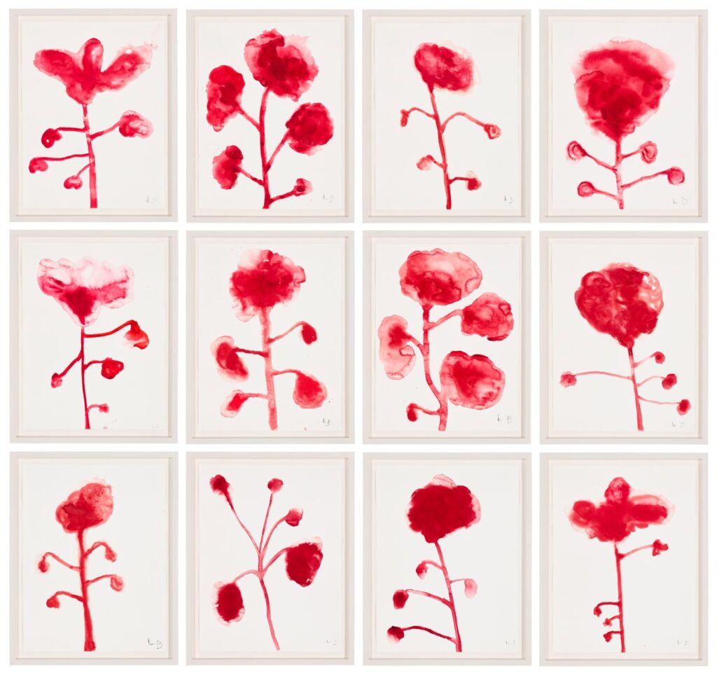 a grid of twelve framed red gouache paintings of five-blossomed flowers, by louise bourgeois, sold at christies in 2024