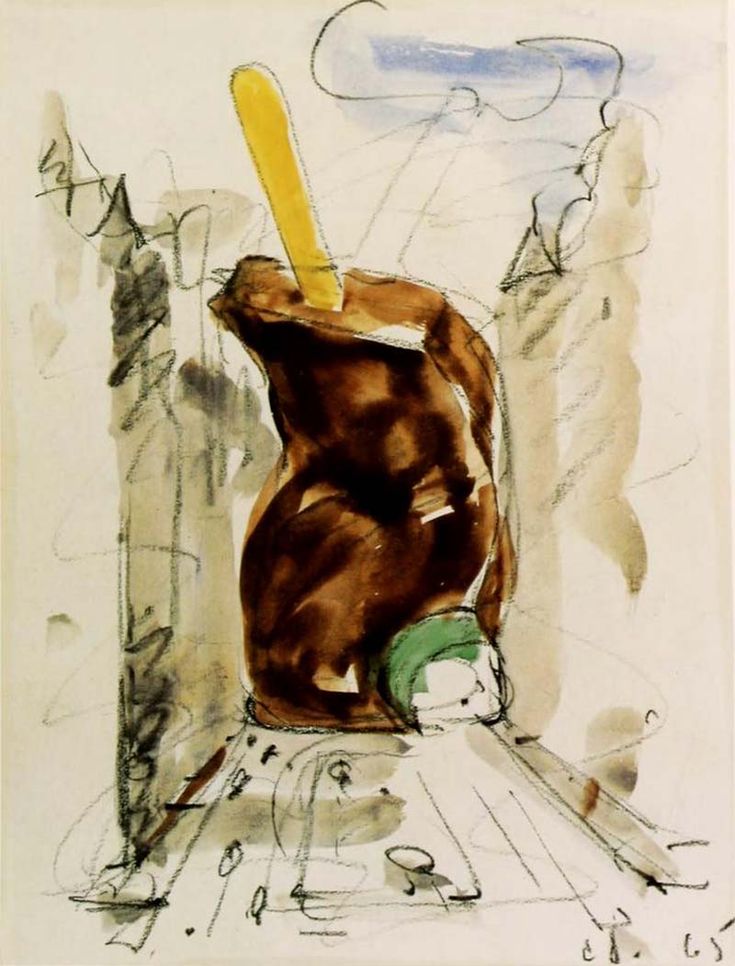 a watercolor sketch of a giant chocolate good humor bar iwth a bite taken out of it, shoved upside down between the skyscrapers of park avenue, a proposal for a giant monument by claes oldenburg.