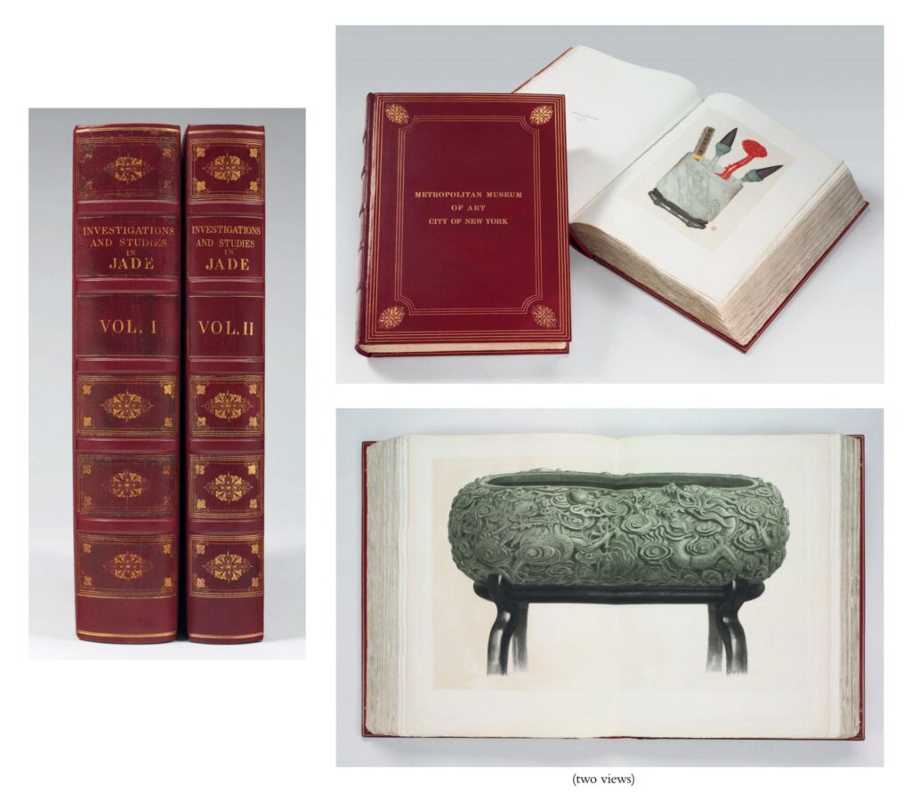 a three photo collage by christie's showing a massive (24 inch tall, 75 lb/each) two volume catalogue in red and gold leather of the bishop collection of jade. one image on the left shows the two spines. the top right shows one volume open to a lavishly produced full color illustration of a white jade brush holder with several brushes in it, and the lower right image is a double spread, full-scale color lithograph of a carved green jade basin that belonged to the emperor, and was looted from the summer palace after 1860. this set of books was sold at christie's by the met in 2010