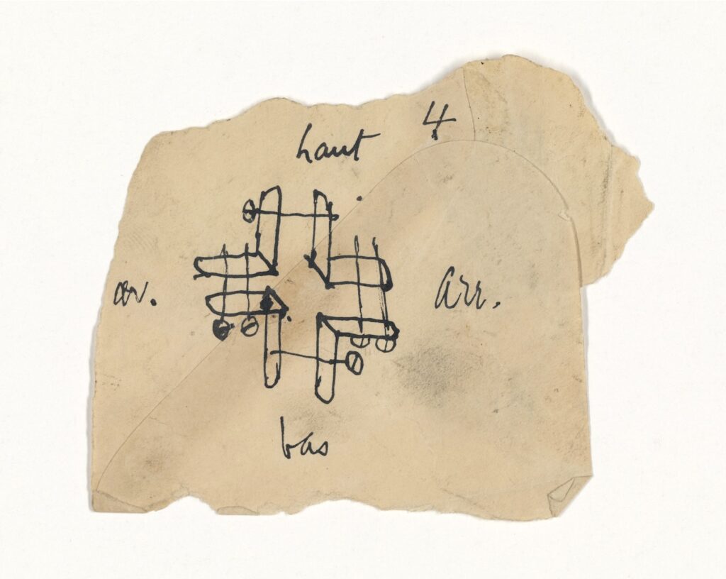 a torn fragment of a grimy envelope from 1920 has a sketch of four corner elements coming together at a cross intersection, with what look like pins or screws holding each arm together. in french is written haut bas, av., arr., top, bottom, front, and back. this diagram by marcel duchamp was stolen by museum director pontus hulten in 1960, and recovered in 2018