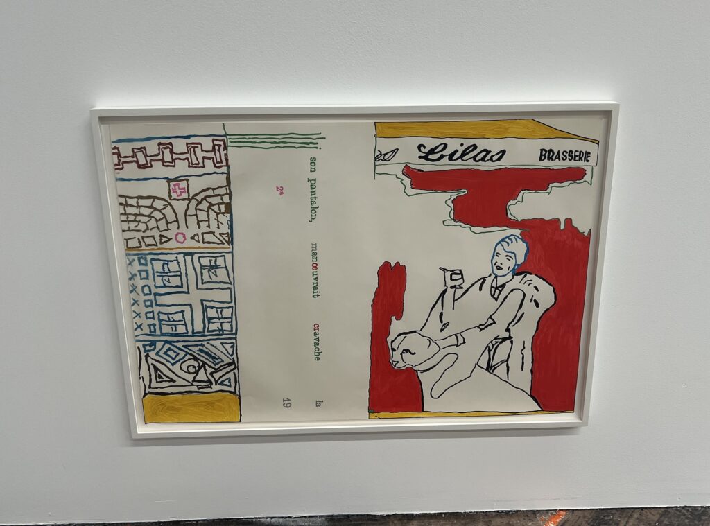 a painting by wolfgang tillmans, in a white frame, on a white wall. a roughly drawn geometric pattern on the left, and a sketched/traced image of a woman with slick hair and a pet cheetah sitting under a cafe awning, are on either side of a fragmented line of text from a guy de maupassant story.