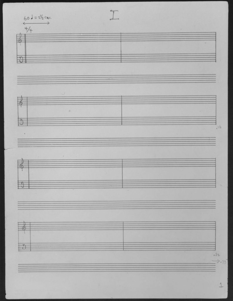 this sheet of music paper is not blank, but contains the first 32 seconds of john cage's 4'33", as reconstructed in 1989 by david tudor, who premiered the piece in 1952, an reconstructed this score from memory in 1989